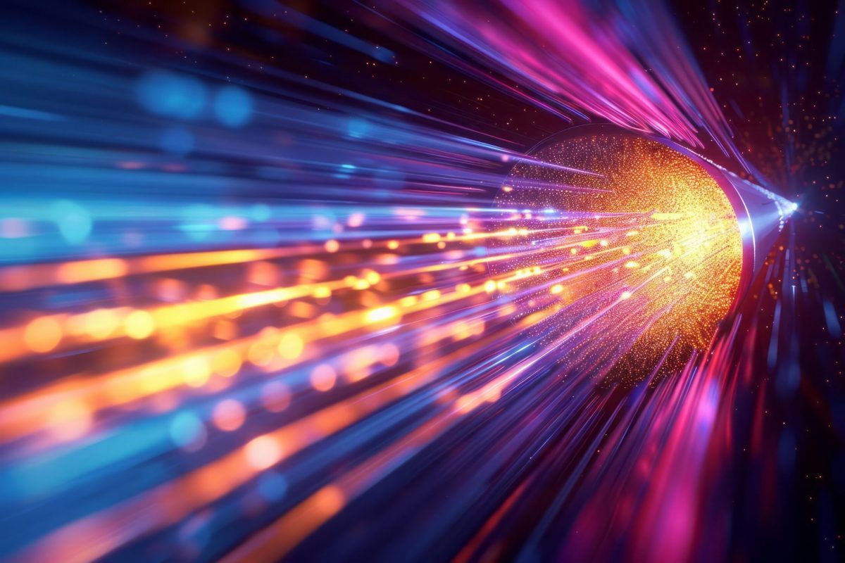 Laser beams entering a fiber optic cable, illustrating signal transmission technology