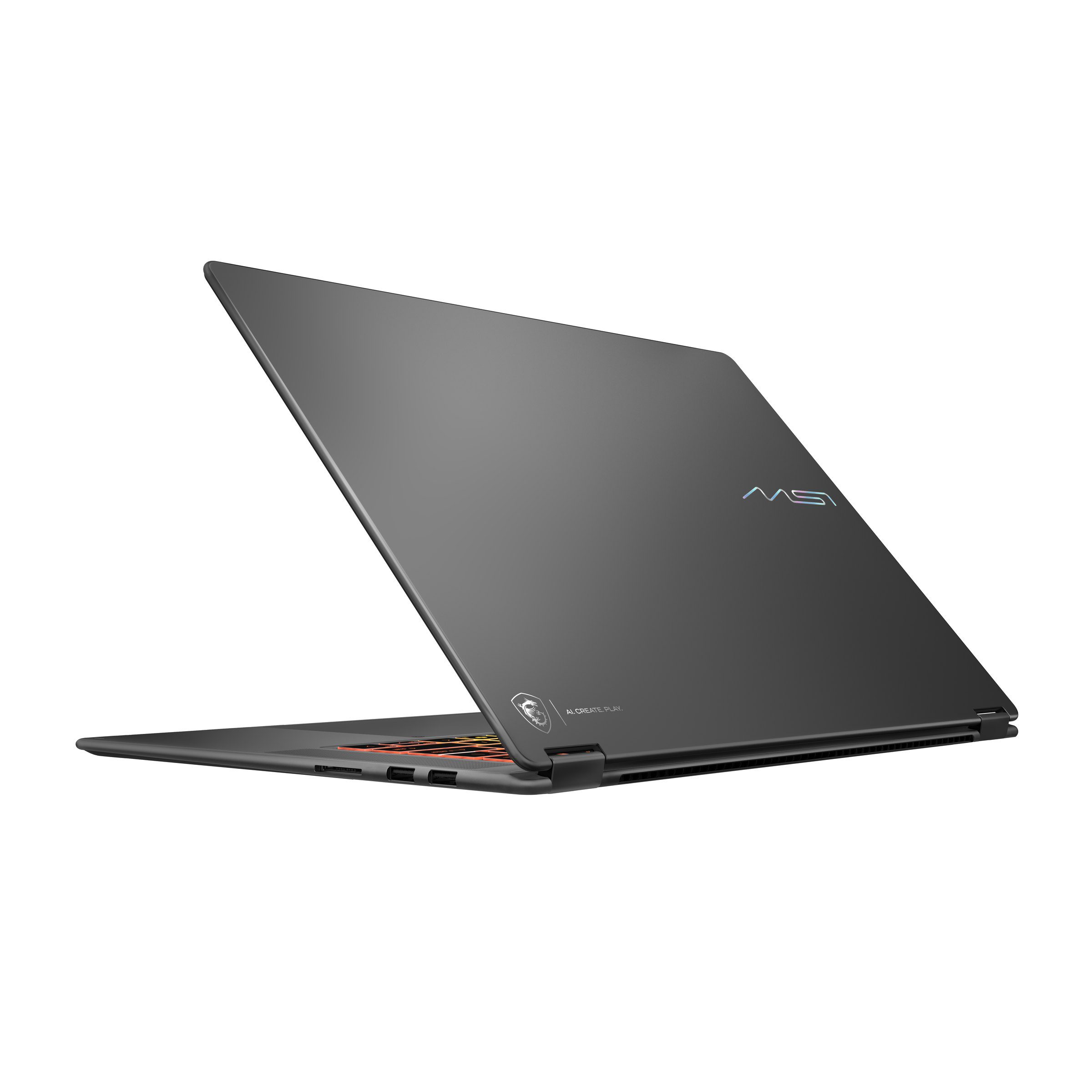 MSI Prestige N16 Flip AI+, Rear three-quarter view
