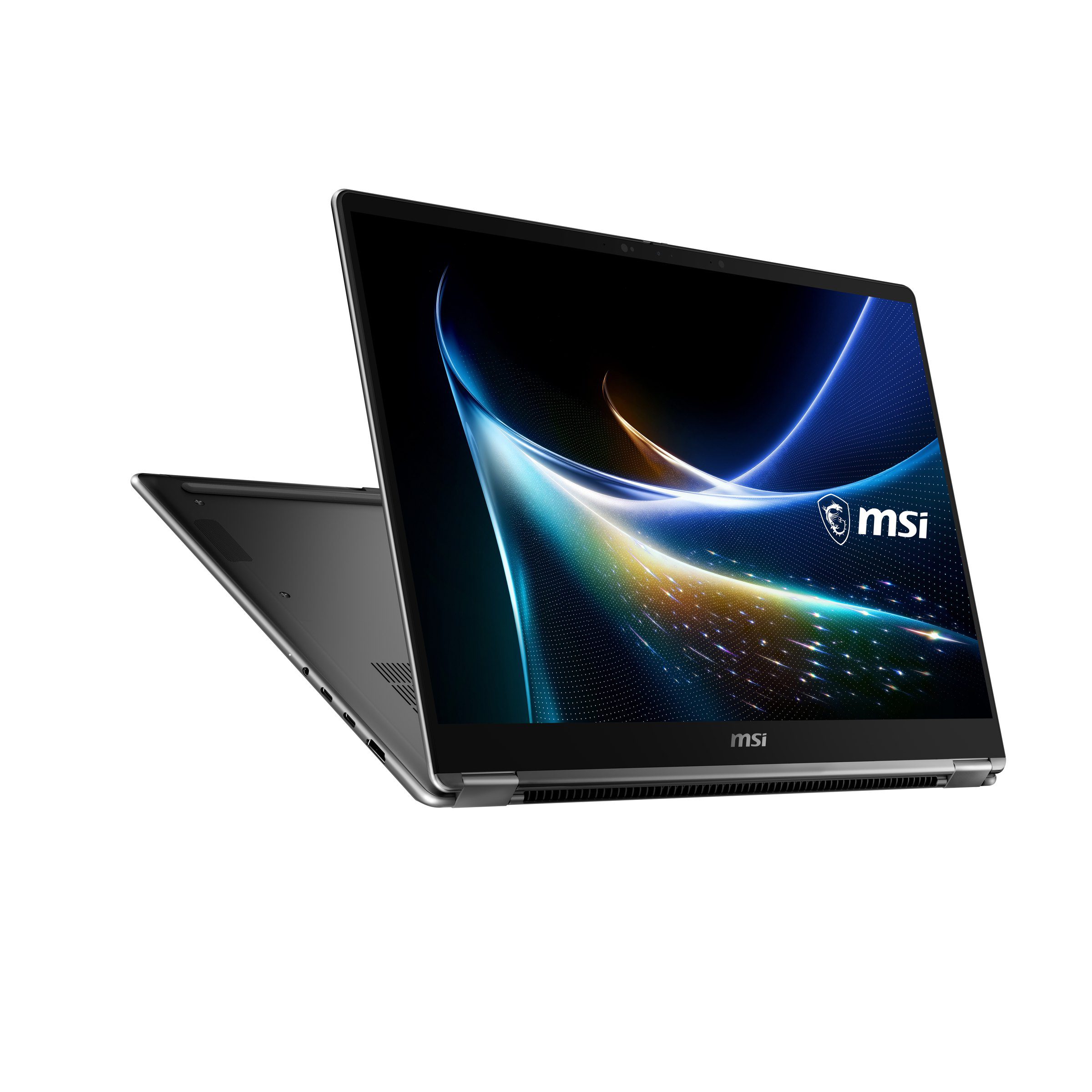 MSI Prestige N16 Flip AI+, Open, rear angle